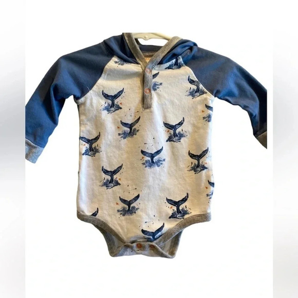 BURTS BEES EUC BABY BOYS WHALES ONSIE TOP SHIRT TEE HOODIE FALL SIZE 3 6 MONTHS - Picture 1 of 6